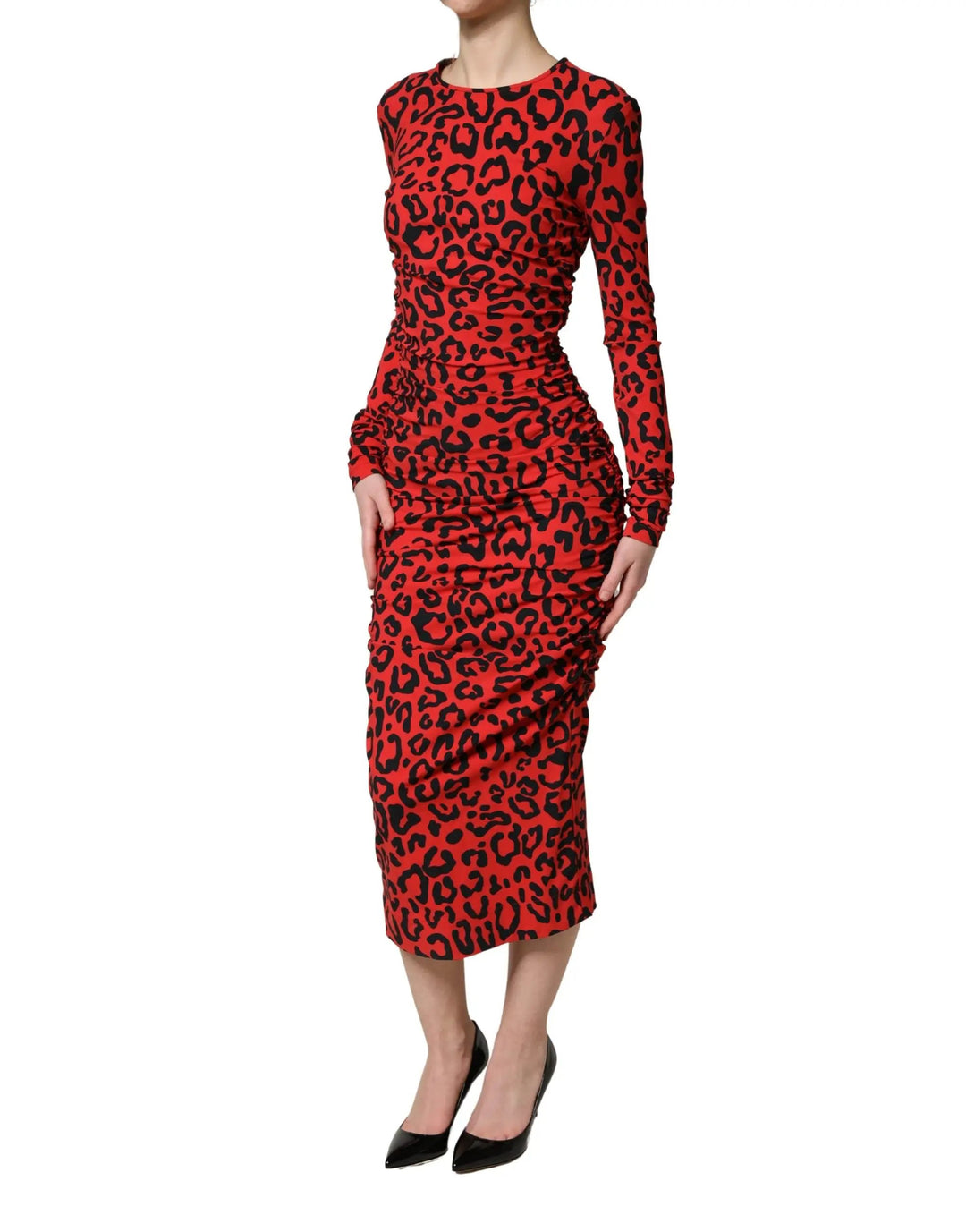 Dolce &amp; Gabbana Sample Sale | Dolce &amp; Gabbana Red Leopard Print Long Sleeves Midi Dress - | Designer outlet