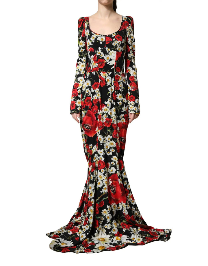 Dolce &amp; Gabbana Sample Sale | Dolce &amp; Gabbana Black Floral Silk Long Sleeves Gown Dress - | Designer outlet