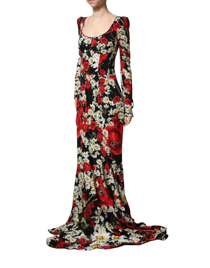 Dolce &amp; Gabbana Sample Sale | Dolce &amp; Gabbana Black Floral Silk Long Sleeves Gown Dress - | Designer outlet