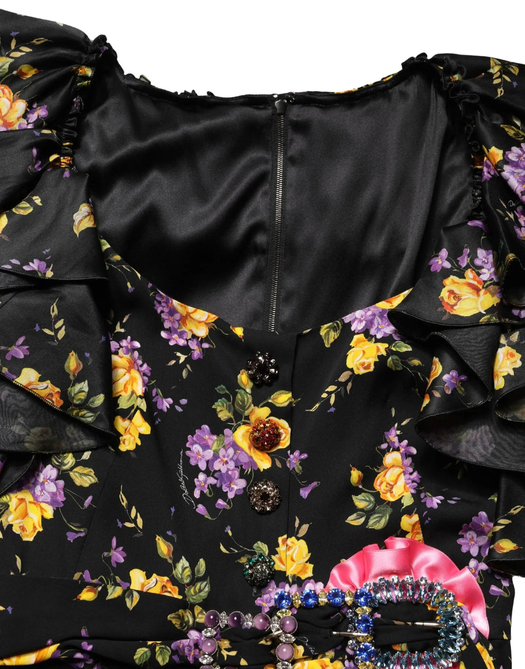 Dolce &amp; Gabbana Sample Sale | Dolce &amp; Gabbana Black Purple Crystal Brooch Silk Midi Dress - | Designer outlet