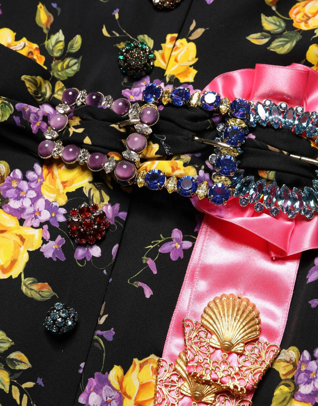 Dolce &amp; Gabbana Sample Sale | Dolce &amp; Gabbana Black Purple Crystal Brooch Silk Midi Dress - | Designer outlet