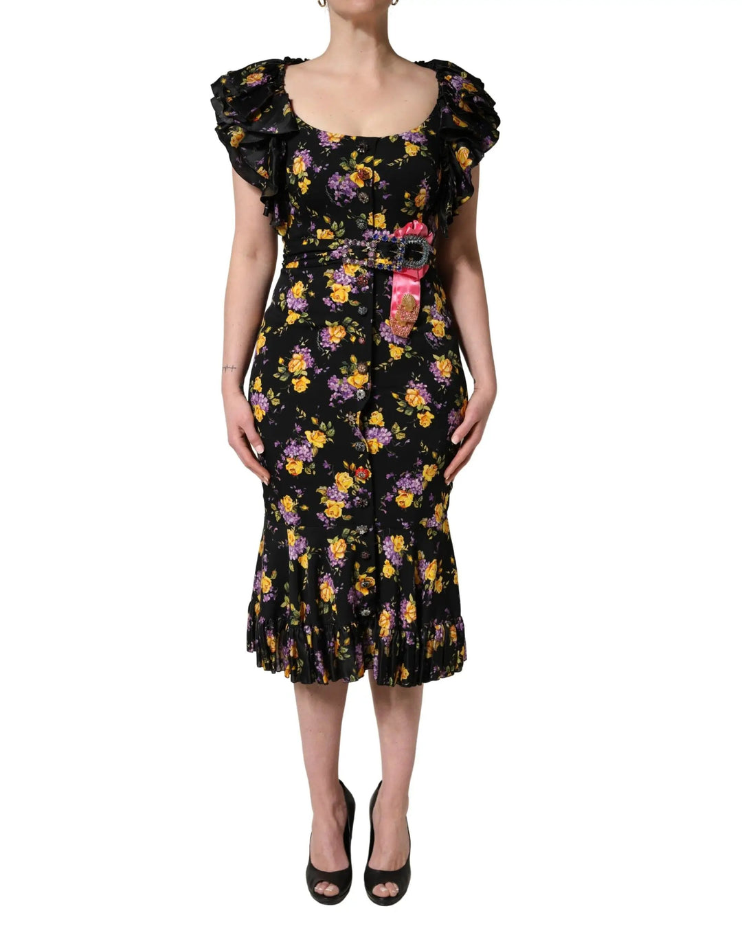 Dolce &amp; Gabbana Sample Sale | Dolce &amp; Gabbana Black Purple Crystal Brooch Silk Midi Dress - | Designer outlet
