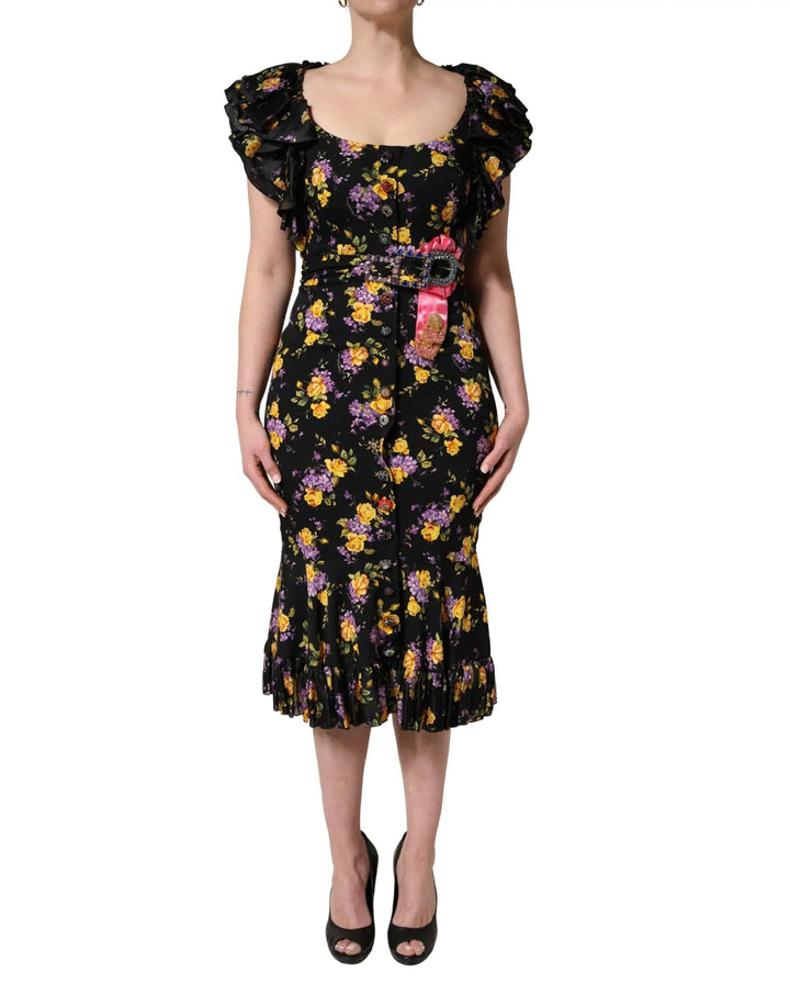 Dolce &amp; Gabbana Sample Sale | Dolce &amp; Gabbana Black Purple Crystal Brooch Silk Midi Dress - | Designer outlet