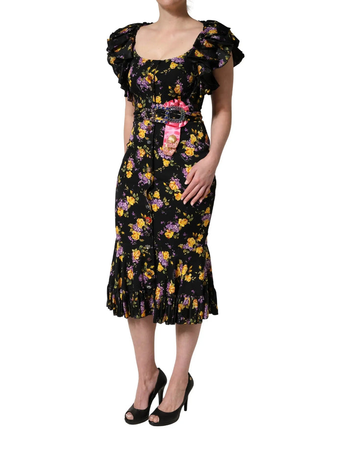 Dolce &amp; Gabbana Sample Sale | Dolce &amp; Gabbana Black Purple Crystal Brooch Silk Midi Dress - | Designer outlet