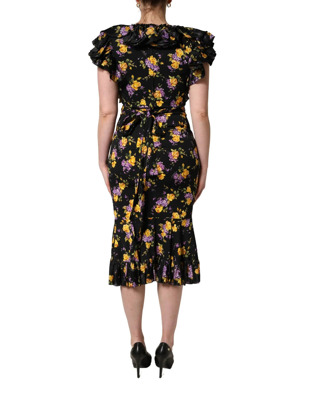 Dolce &amp; Gabbana Sample Sale | Dolce &amp; Gabbana Black Purple Crystal Brooch Silk Midi Dress - | Designer outlet
