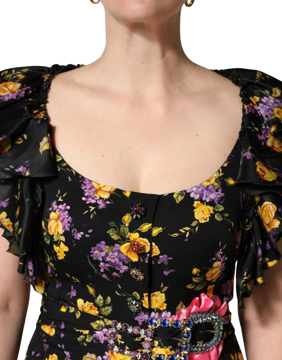 Dolce &amp; Gabbana Sample Sale | Dolce &amp; Gabbana Black Purple Crystal Brooch Silk Midi Dress - | Designer outlet