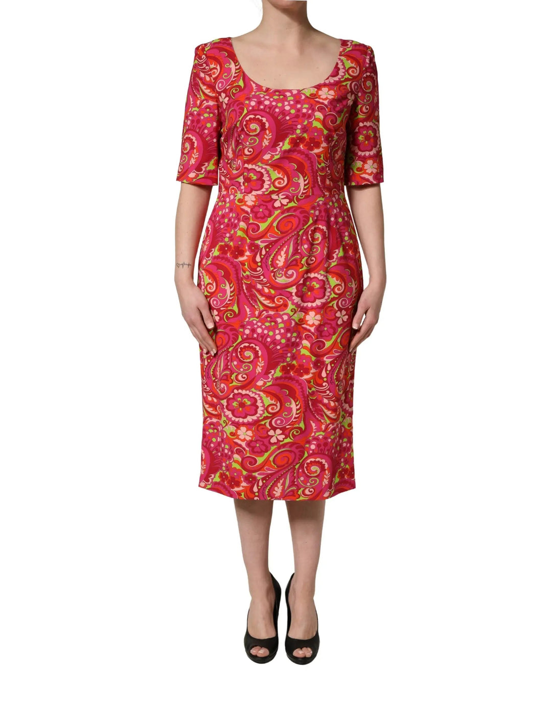 Dolce &amp; Gabbana Sample Sale | Dolce &amp; Gabbana Red Paisley Floral Print Sheath Midi Dress - | Designer outlet