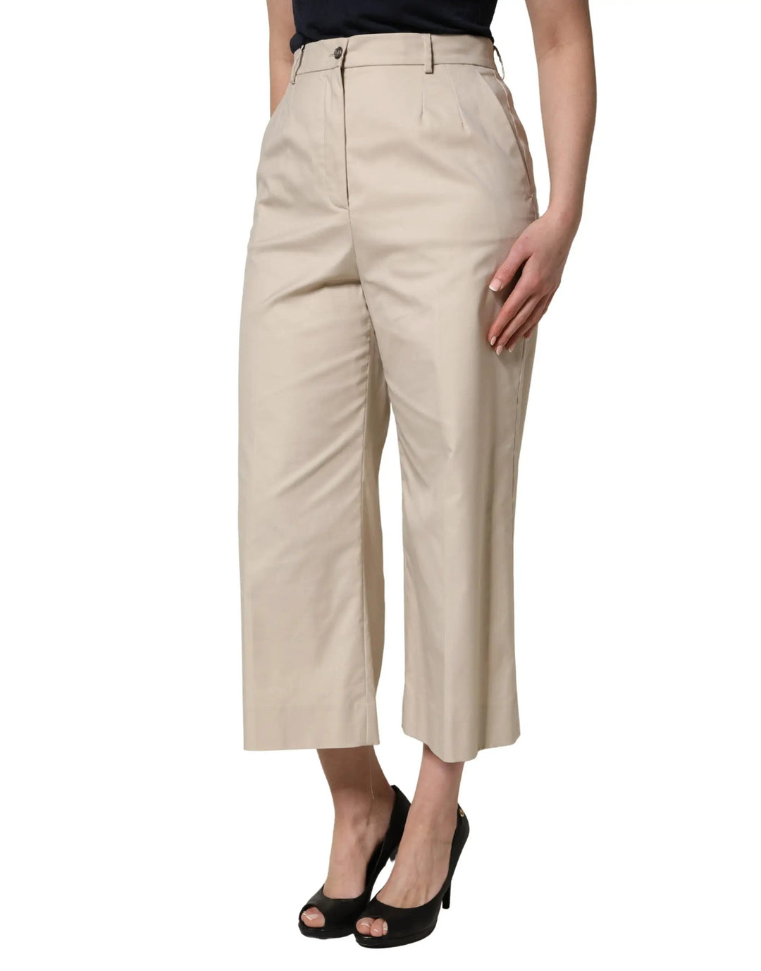 Dolce &amp; Gabbana Beige Cotton Mid Waist Cropped Trouser Pants