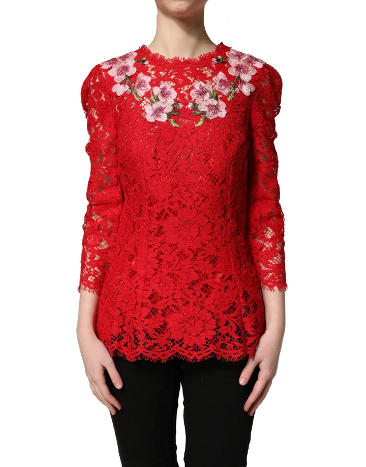 Dolce &amp; Gabbana Red Lace Floral Embroidery Long Sleeves Top