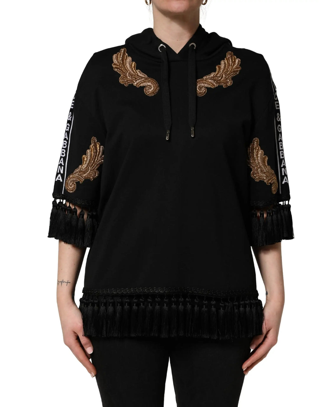 Dolce &amp; Gabbana Black Embroidered Tassel Hooded Sweatshirt Sweater