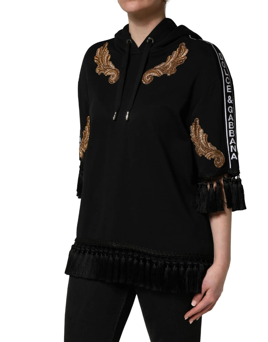 Dolce &amp; Gabbana Black Embroidered Tassel Hooded Sweatshirt Sweater