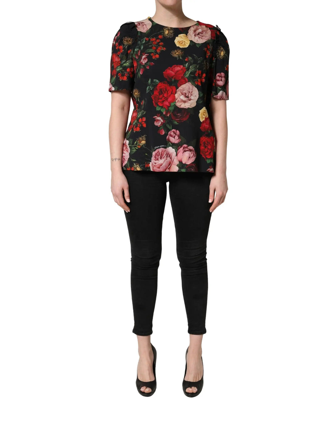 Dolce &amp; Gabbana Black Floral Crepe Frill Detail Blouse Top