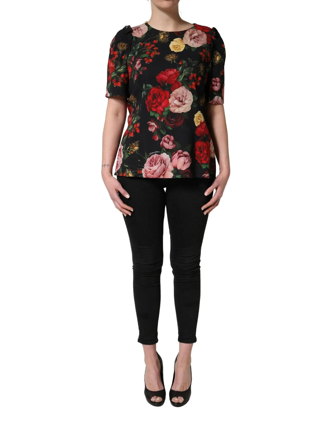 Dolce &amp; Gabbana Black Floral Crepe Frill Detail Blouse Top