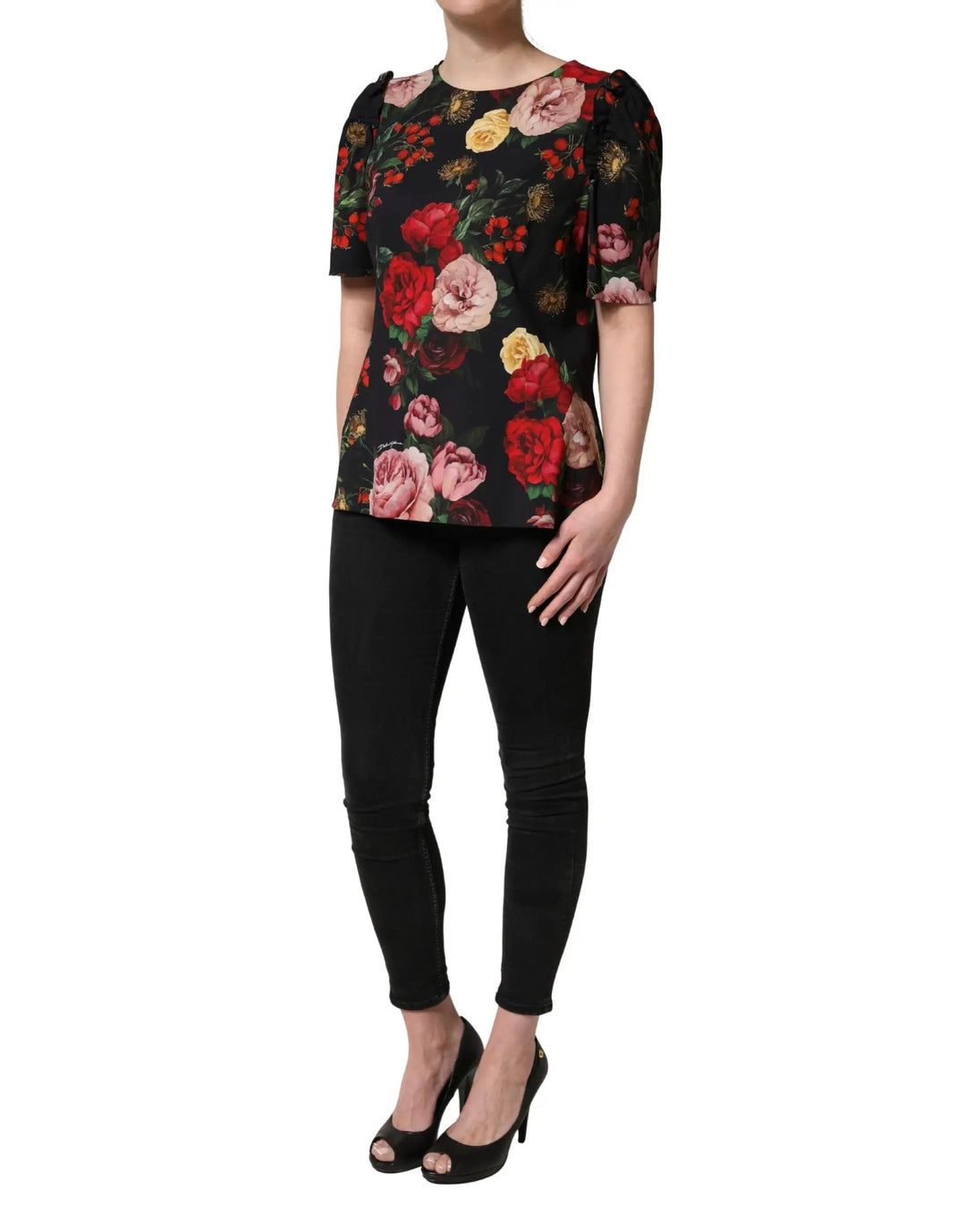 Dolce &amp; Gabbana Black Floral Crepe Frill Detail Blouse Top