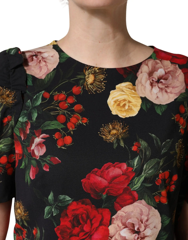 Dolce &amp; Gabbana Black Floral Crepe Frill Detail Blouse Top