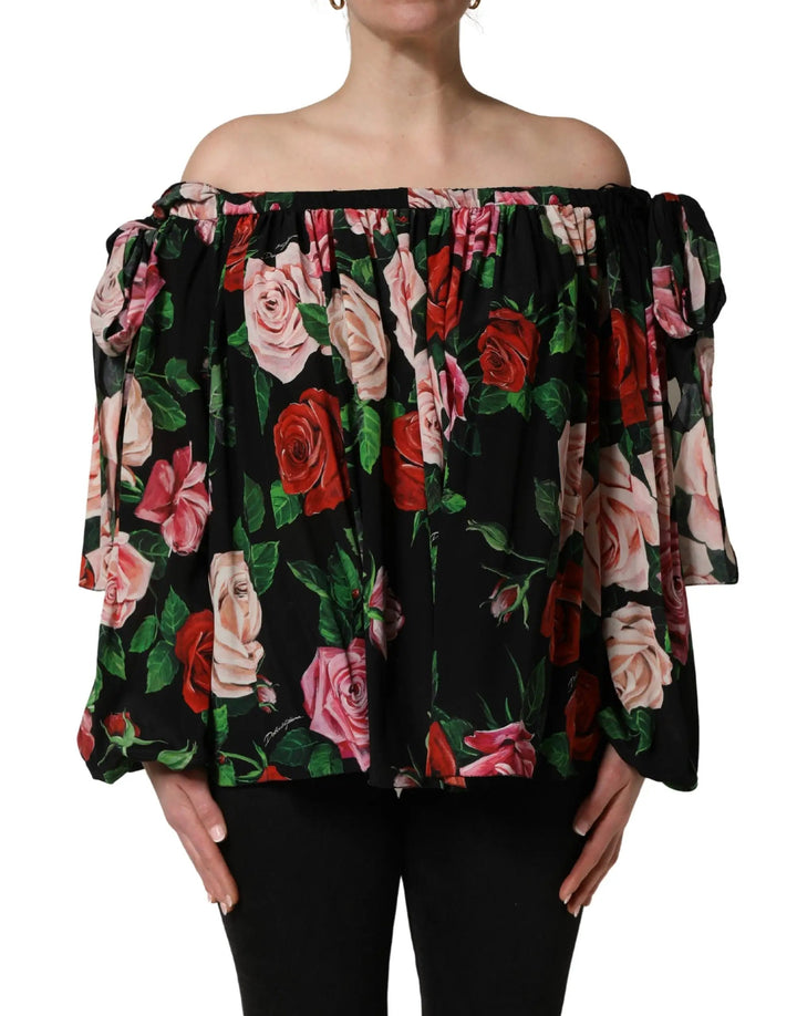 Dolce &amp; Gabbana Black Rose Print Silk Off The Shoulder Blouse Top