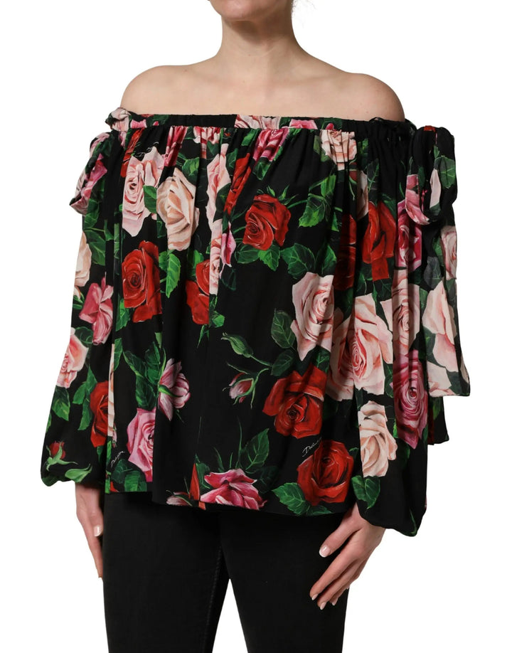 Dolce &amp; Gabbana Black Rose Print Silk Off The Shoulder Blouse Top
