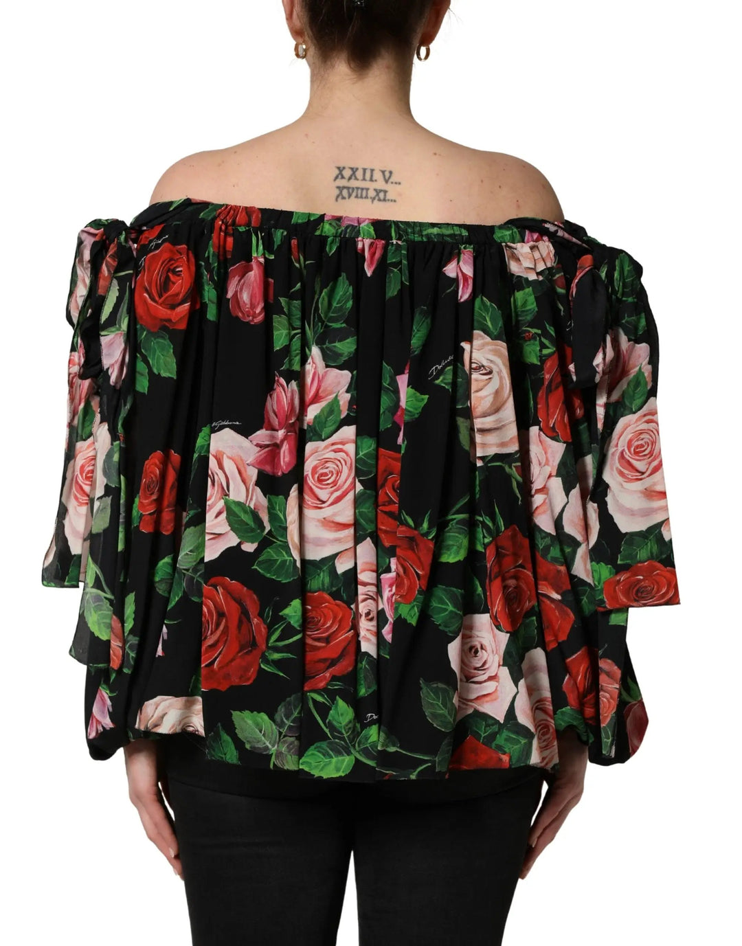 Dolce &amp; Gabbana Black Rose Print Silk Off The Shoulder Blouse Top