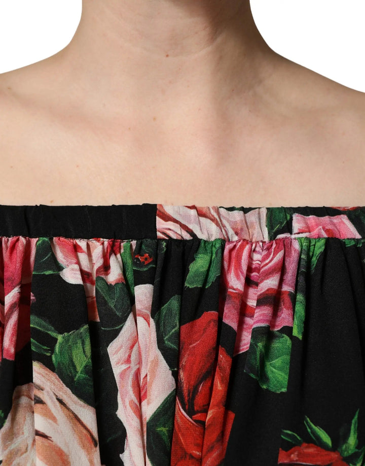 Dolce &amp; Gabbana Black Rose Print Silk Off The Shoulder Blouse Top
