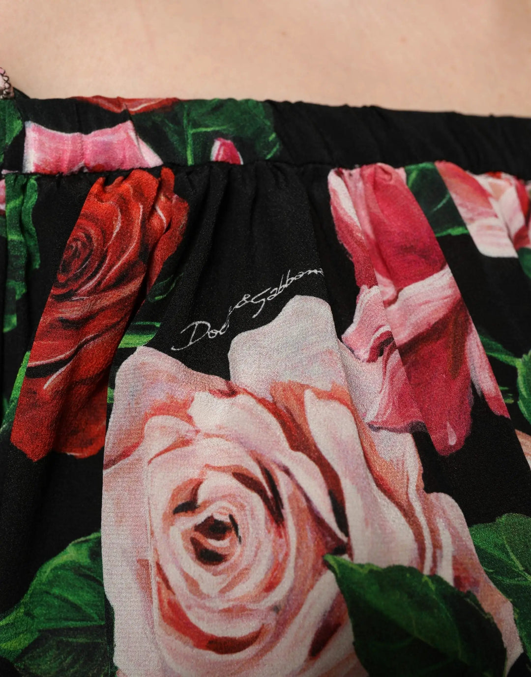 Dolce &amp; Gabbana Black Rose Print Silk Off The Shoulder Blouse Top