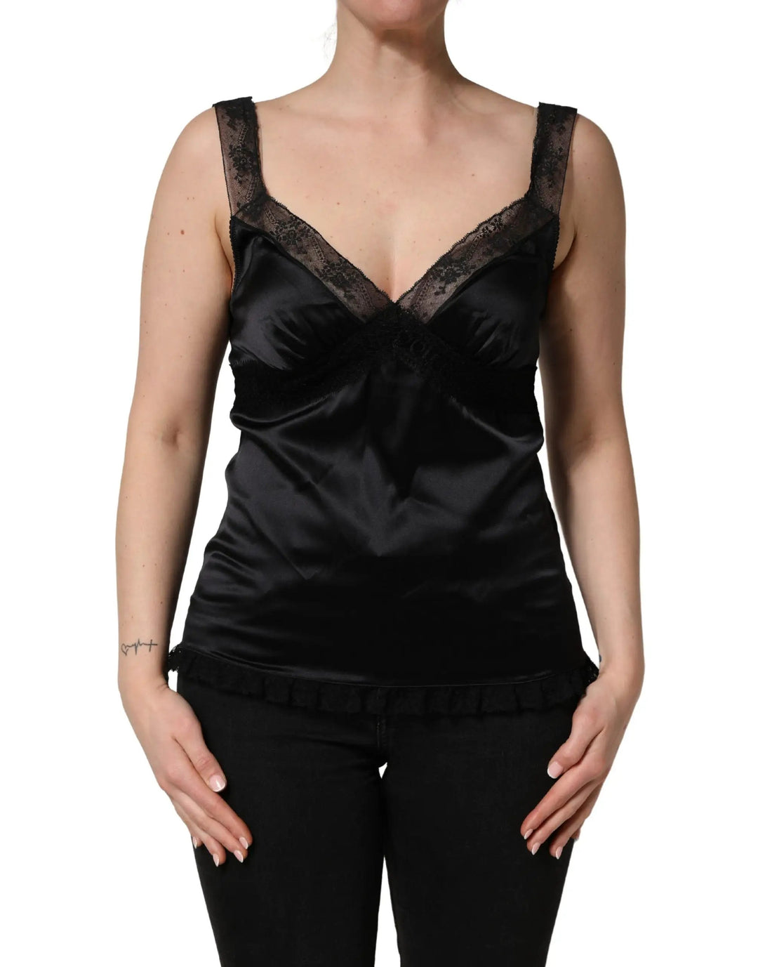 Dolce &amp; Gabbana Black Silk Lace Trim Camisole V-neckline Tank Top