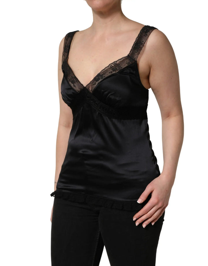Dolce &amp; Gabbana Black Silk Lace Trim Camisole V-neckline Tank Top