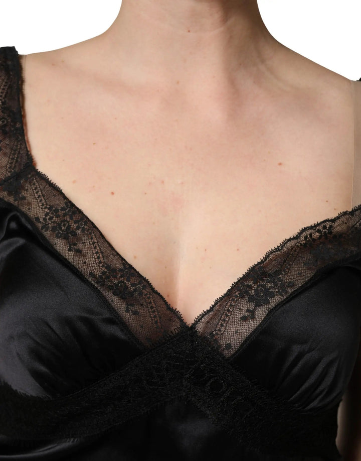 Dolce &amp; Gabbana Black Silk Lace Trim Camisole V-neckline Tank Top
