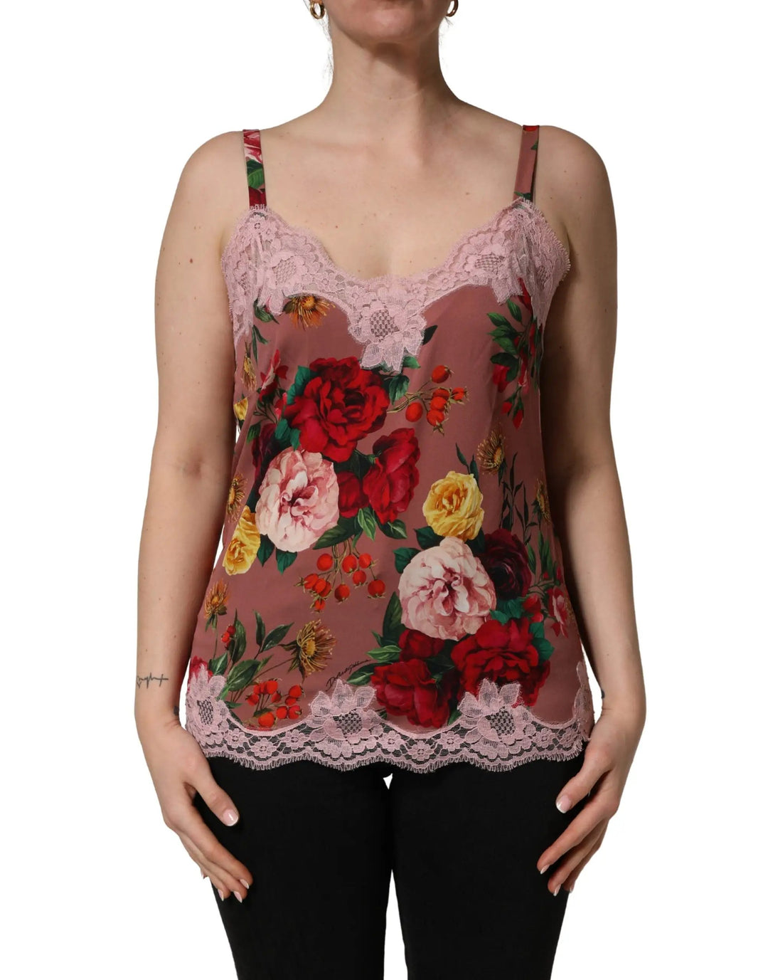 Dolce &amp; Gabbana Brown Rose Print Satin Lace Camisole Tank Top
