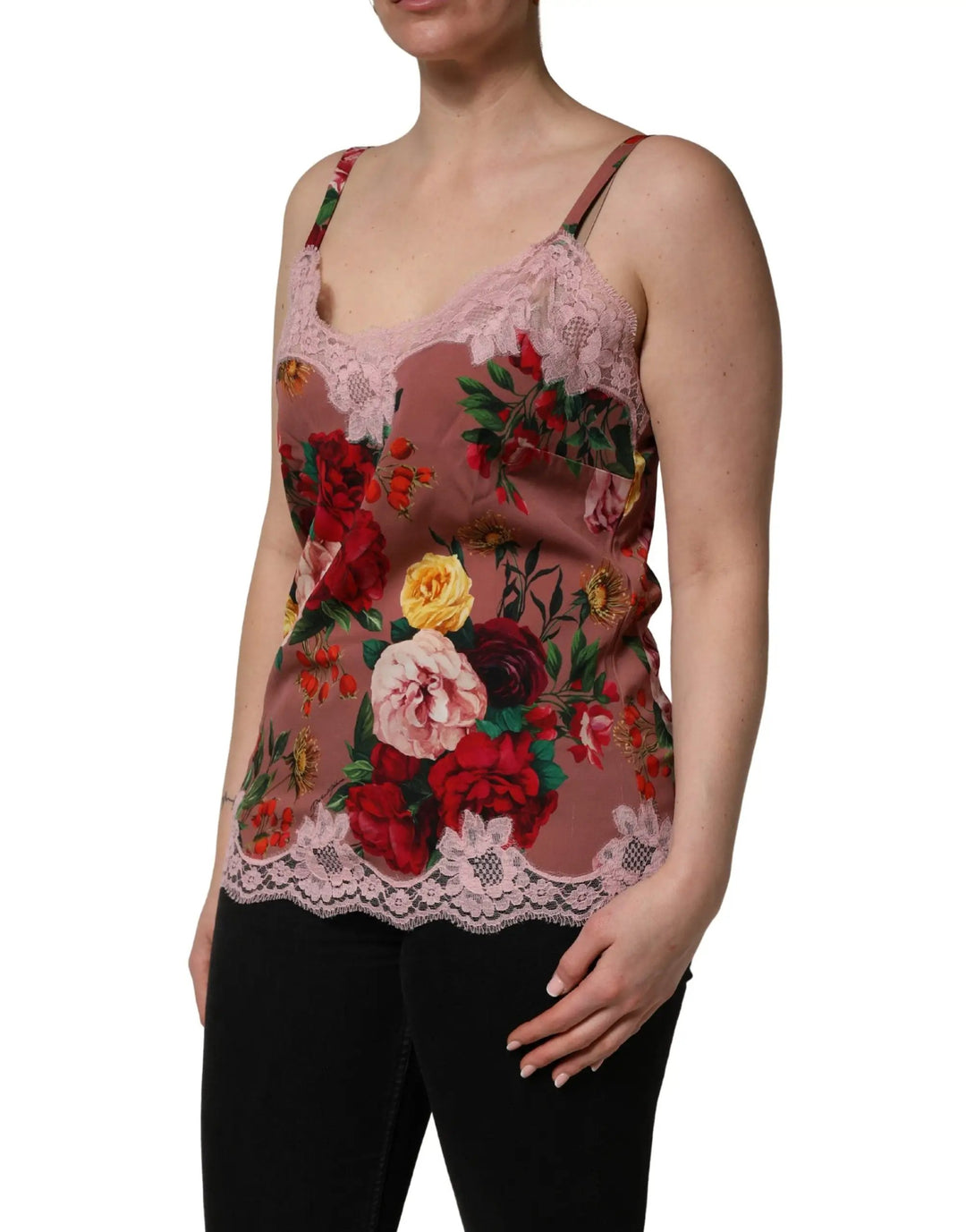 Dolce &amp; Gabbana Brown Rose Print Satin Lace Camisole Tank Top