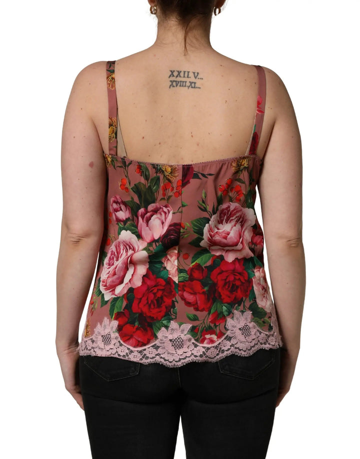 Dolce &amp; Gabbana Brown Rose Print Satin Lace Camisole Tank Top