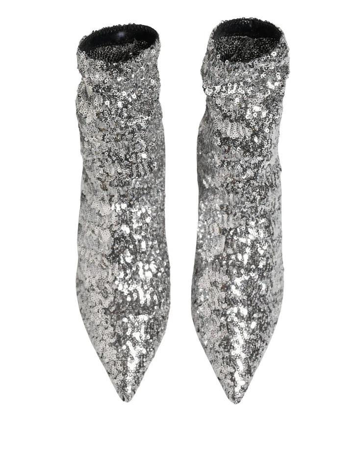 Dolce &amp; Gabbana Sample Sale | Dolce &amp; Gabbana Silver Sequined Short Boots Stretch Shoes - | Designer outlet