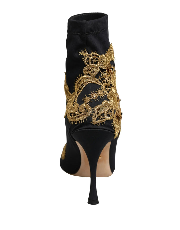 Dolce &amp; Gabbana Sample Sale | Dolce &amp; Gabbana Black Gold Embroidery Crystal Boots Shoes - | Designer outlet