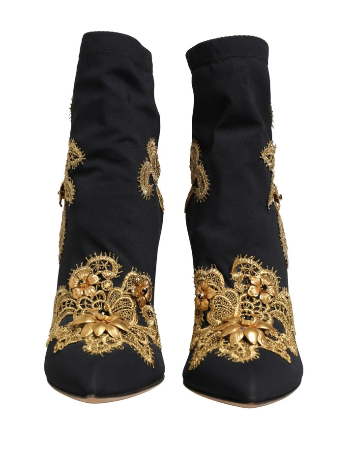 Dolce &amp; Gabbana Sample Sale | Dolce &amp; Gabbana Black Gold Embroidery Crystal Boots Shoes - | Designer outlet