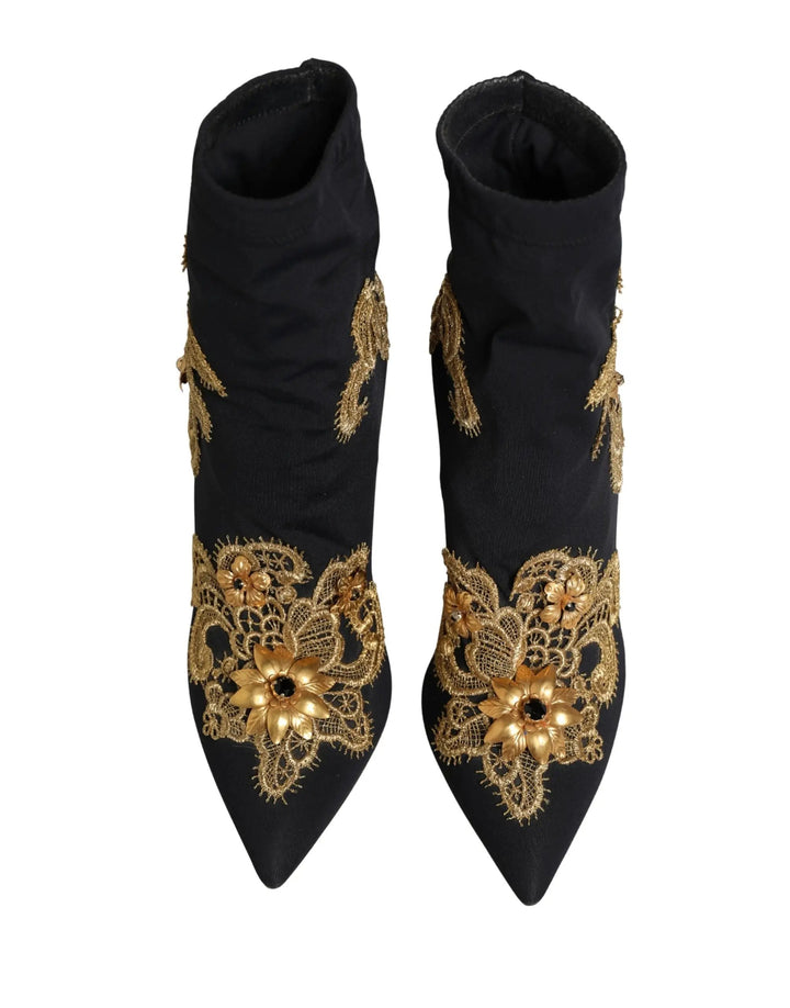 Dolce &amp; Gabbana Sample Sale | Dolce &amp; Gabbana Black Gold Embroidery Crystal Boots Shoes - | Designer outlet