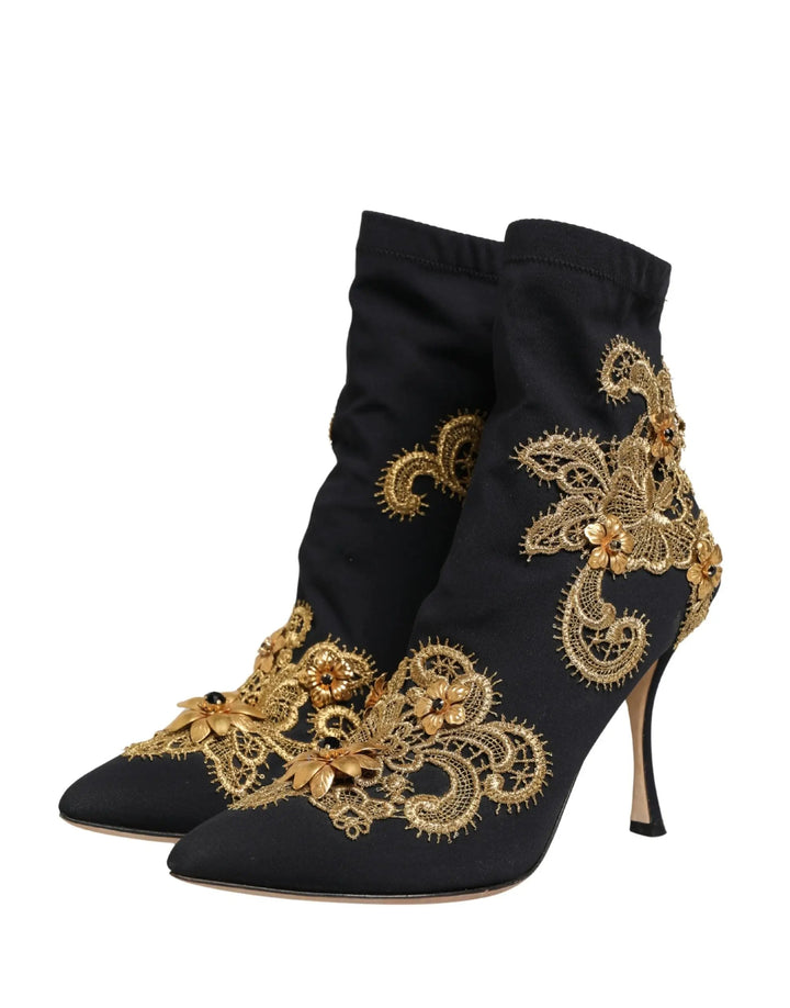 Dolce &amp; Gabbana Sample Sale | Dolce &amp; Gabbana Black Gold Embroidery Crystal Boots Shoes - | Designer outlet