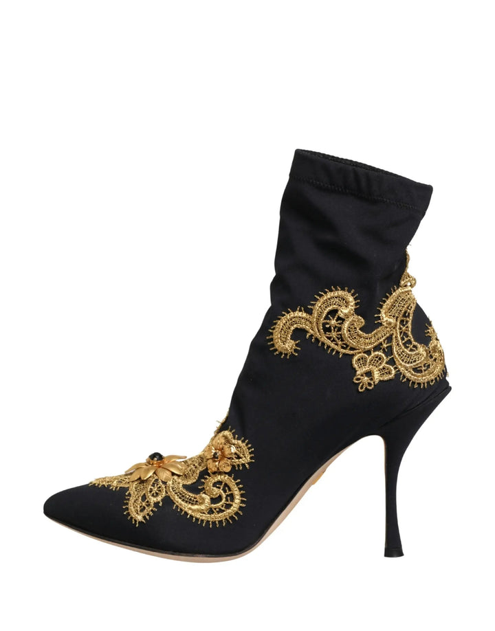 Dolce &amp; Gabbana Sample Sale | Dolce &amp; Gabbana Black Gold Embroidery Crystal Boots Shoes - | Designer outlet
