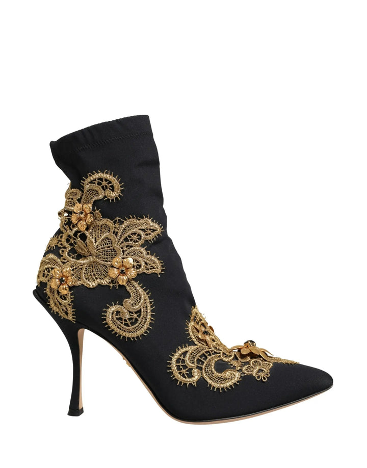 Dolce &amp; Gabbana Sample Sale | Dolce &amp; Gabbana Black Gold Embroidery Crystal Boots Shoes - | Designer outlet