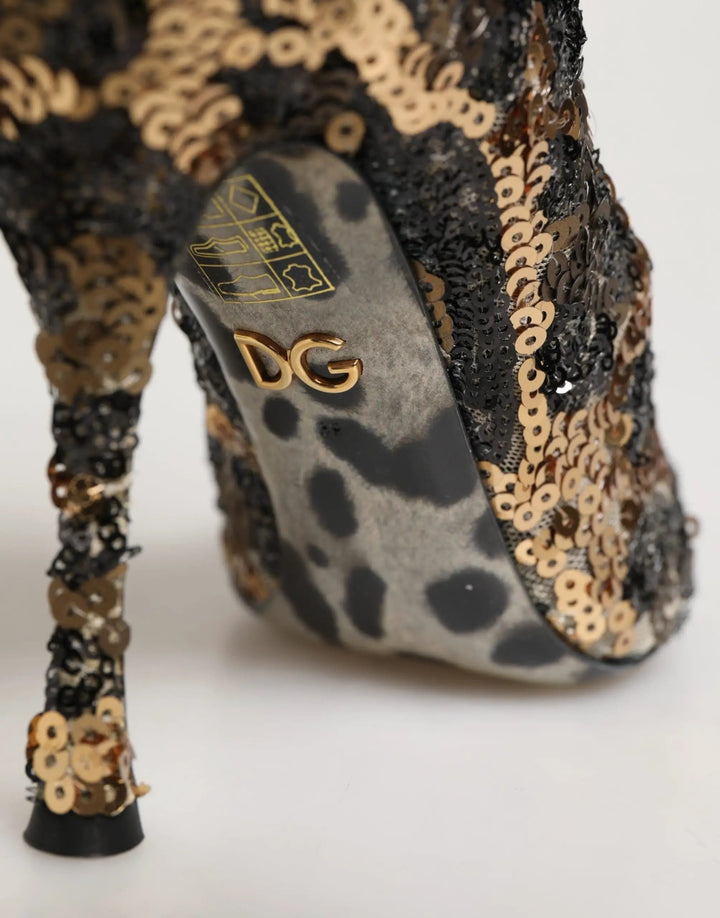 Dolce &amp; Gabbana Sample Sale | Dolce &amp; Gabbana Gold Leopard Sequin Sock Ankle Boots Shoes - | Designer outlet