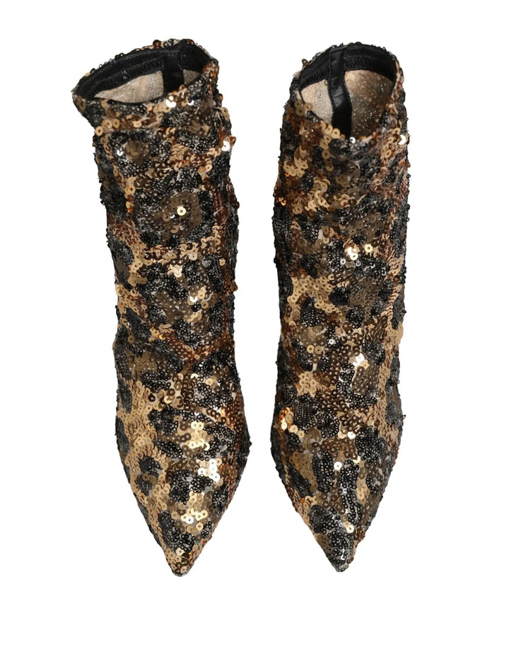 Dolce &amp; Gabbana Sample Sale | Dolce &amp; Gabbana Gold Leopard Sequin Sock Ankle Boots Shoes - | Designer outlet
