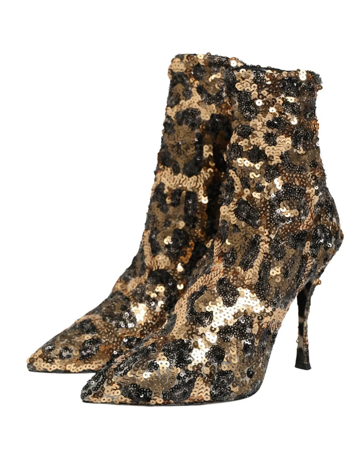 Dolce &amp; Gabbana Sample Sale | Dolce &amp; Gabbana Gold Leopard Sequin Sock Ankle Boots Shoes - | Designer outlet