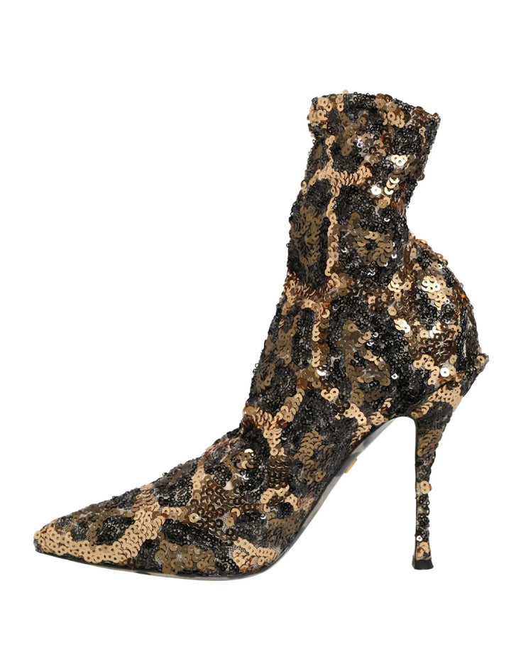 Dolce &amp; Gabbana Sample Sale | Dolce &amp; Gabbana Gold Leopard Sequin Sock Ankle Boots Shoes - | Designer outlet