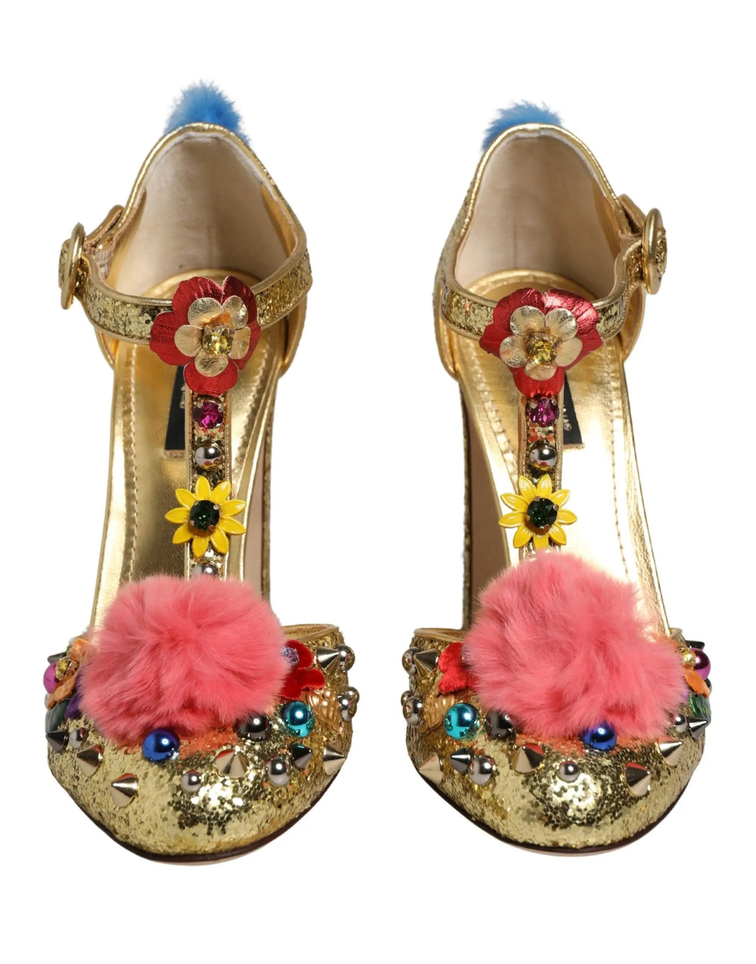 Dolce & Gabbana Sample Sale | Dolce & Gabbana Gold Fur Trim Glitter T-strap Sandals Shoes - | Designer outlet