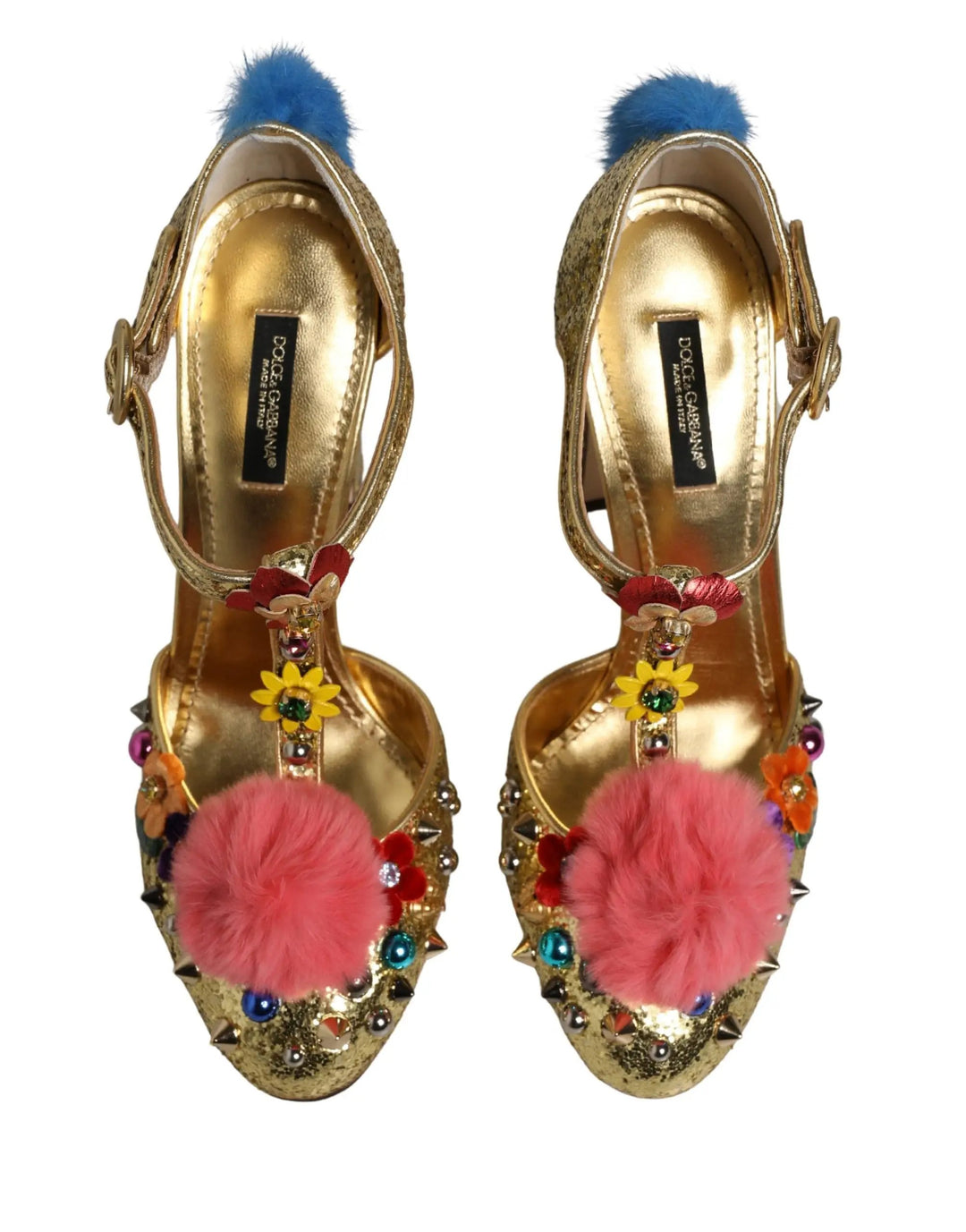 Dolce & Gabbana Sample Sale | Dolce & Gabbana Gold Fur Trim Glitter T-strap Sandals Shoes - | Designer outlet