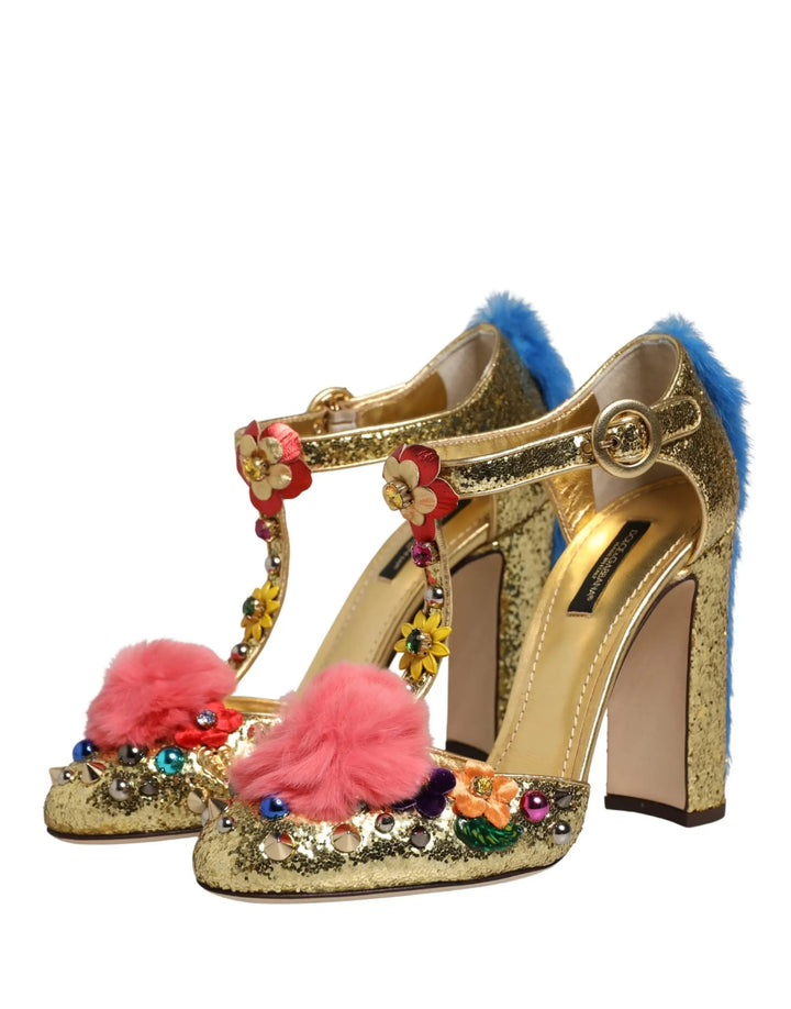 Dolce & Gabbana Sample Sale | Dolce & Gabbana Gold Fur Trim Glitter T-strap Sandals Shoes - | Designer outlet