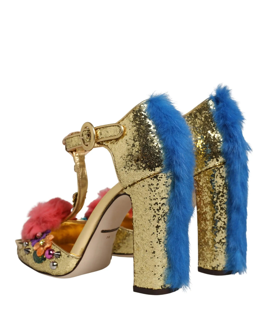 Dolce & Gabbana Sample Sale | Dolce & Gabbana Gold Fur Trim Glitter T-strap Sandals Shoes - | Designer outlet