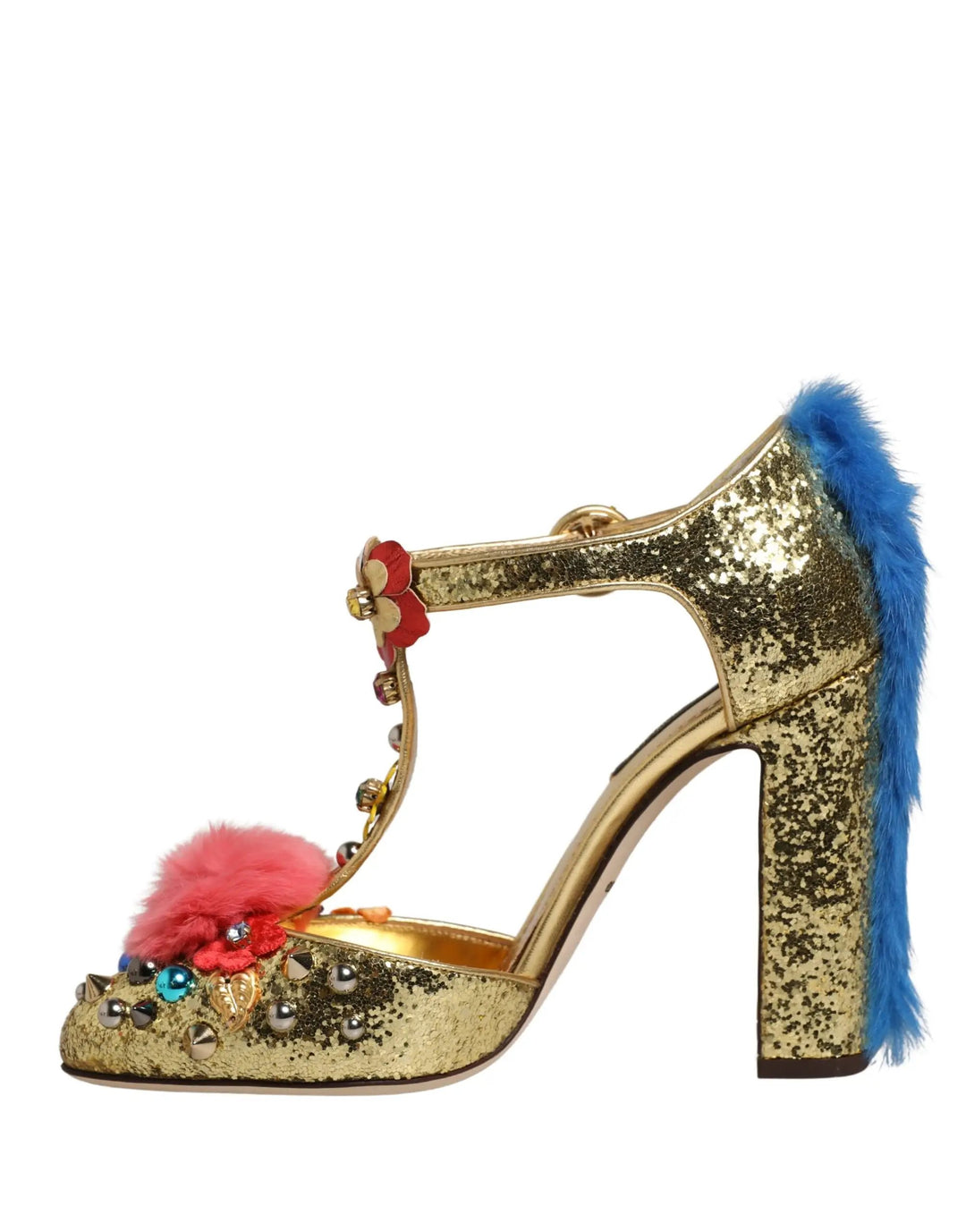 Dolce & Gabbana Sample Sale | Dolce & Gabbana Gold Fur Trim Glitter T-strap Sandals Shoes - | Designer outlet