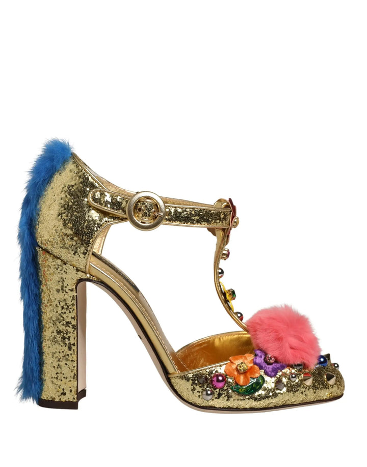 Dolce & Gabbana Sample Sale | Dolce & Gabbana Gold Fur Trim Glitter T-strap Sandals Shoes - | Designer outlet