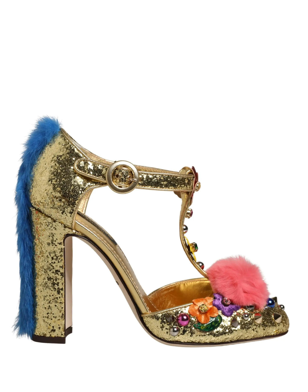 Dolce & Gabbana Sample Sale | Dolce & Gabbana Gold Fur Trim Glitter T-strap Sandals Shoes - | Designer outlet