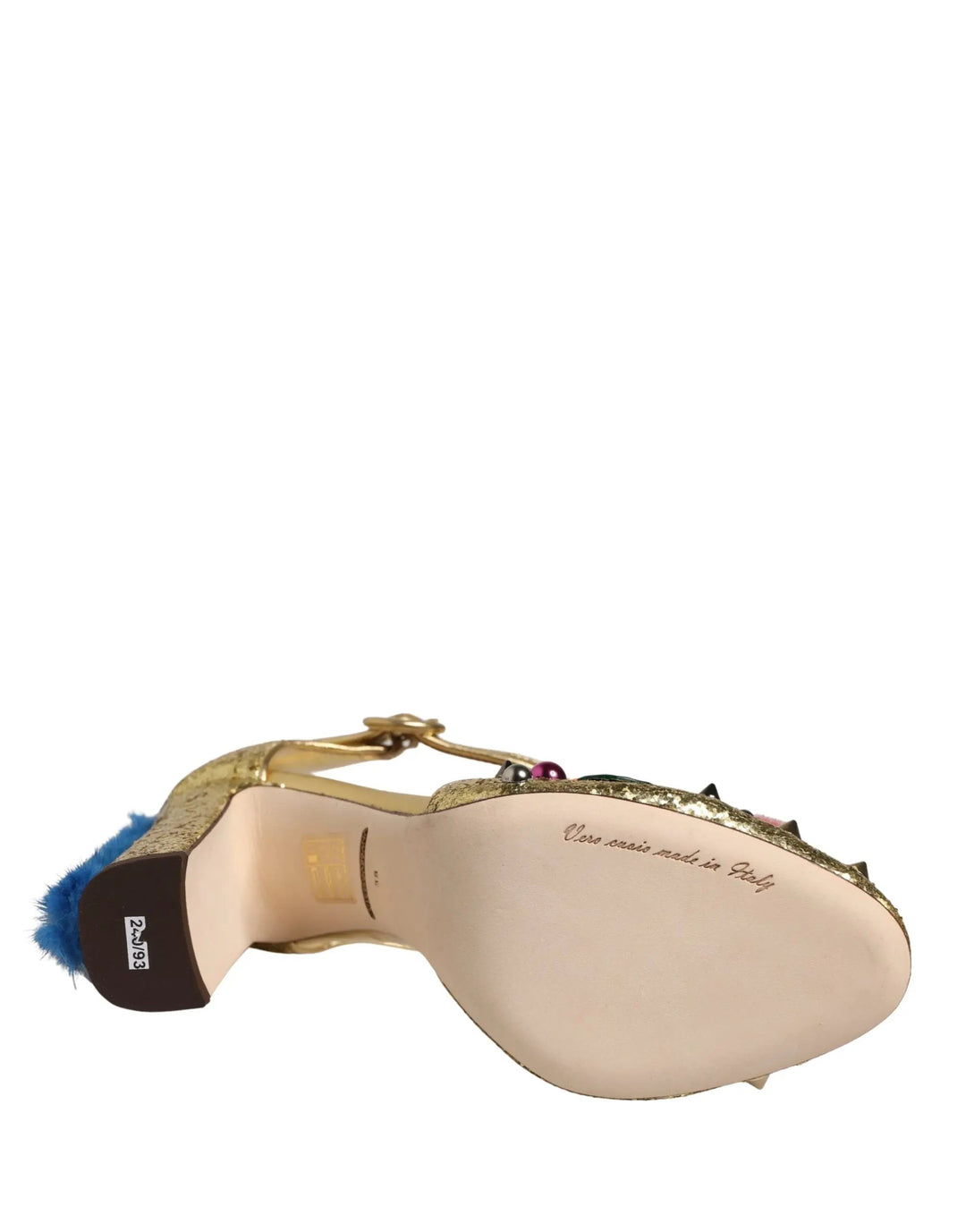 Dolce & Gabbana Sample Sale | Dolce & Gabbana Gold Fur Trim Glitter T-strap Sandals Shoes - | Designer outlet