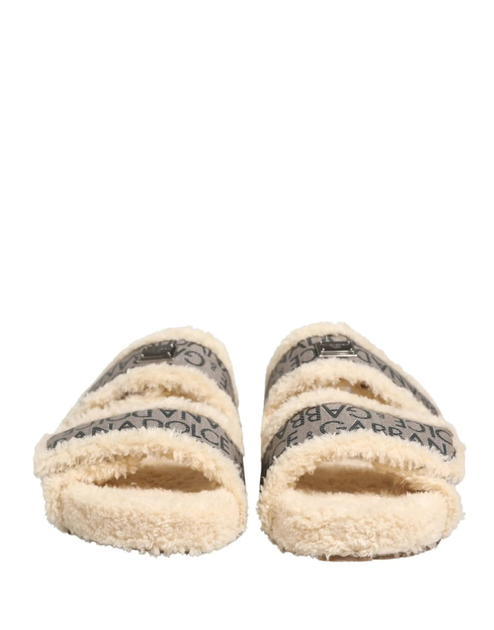 Dolce &amp; Gabbana Sample Sale | Dolce &amp; Gabbana Beige Faux Fur Logo Print Flats Sandals Shoes - | Designer outlet